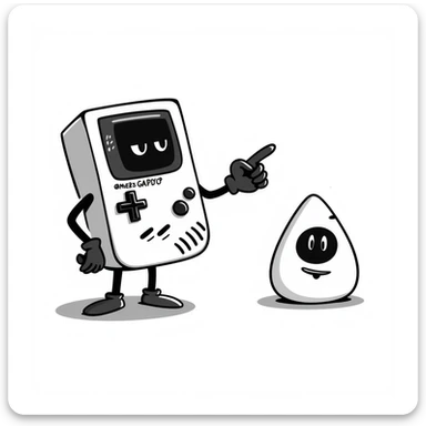 1930s style cartoon gameboy console character, cuphead-style, in black and white, on a plain white background, pointing at something.

 sticker