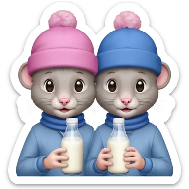 A a male rat wearing blue and a female rat wearing pink Both of them drinking milk from a bottle sticker