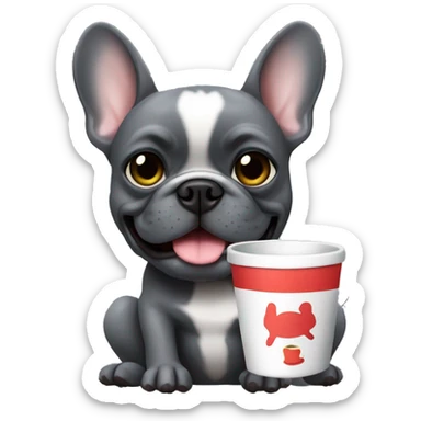 dark grey french bulldog holding a mug sticker