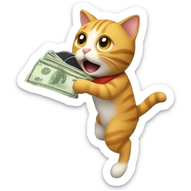 a cat stealing money from an atm with the hang closed holding notes that are flying away sticker