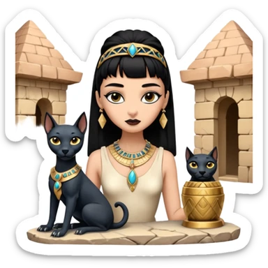 Witchy-mannered real Audrey Hepburn cleopatra Protecting silky black-haired tiny chained-slave-adorned statuette scale smoky-evil-eyed Anubis dessert scenery stone-age cracked irregular dwelling  sticker