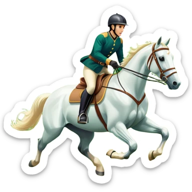 An icon featuring a horse and rider galloping gracefully over a lush green field. The rider is in full gear, guiding the horse with precision. The background shows rolling hills, a clear blue sky, and vibrant sunlight illuminating the scene. Transparent background highlights the elegance sticker