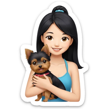 Pretty Asian girl with long, luscious black hair, wearing a cute sleeveless halter top, smiling warmly while carrying an adorable Yorkshire Terrier in her arms sticker
