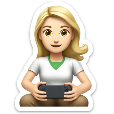 A white girl is sitting and playing a Nintendo Switch sticker