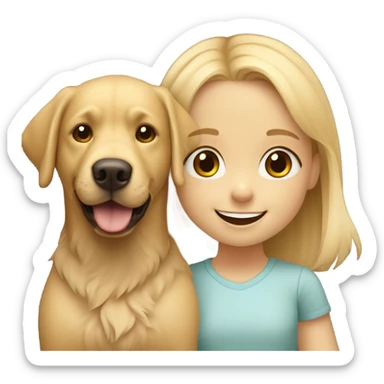 Smiling girl 6 years old with blond hair with a shaggy golden Labrador dog with brown eyes sticker