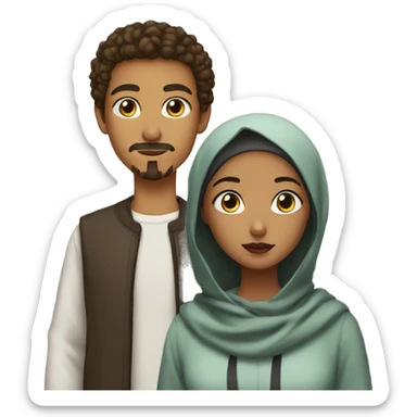 brown teen with short curly hair and goatee and moustache standing and black eyes next to a brown girl wearing a hijab sticker