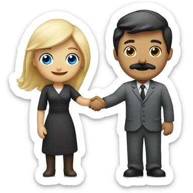 blond blue eyed woman shaking hands with dark hair dark eyed man with mustache sticker