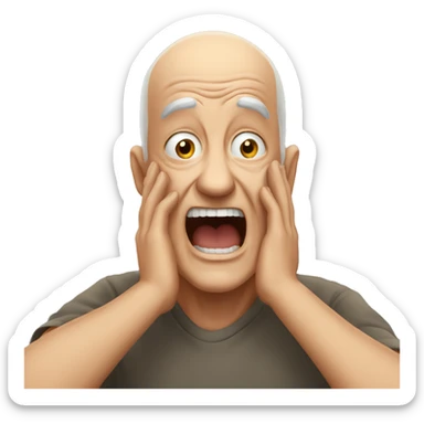 Older man with half a bald head holds his hands to his head and screaming sticker