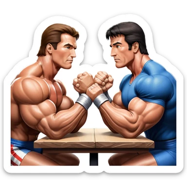 Arnold Schwarzenegger and Sylvester Stallone from 'Over the Top,' locked in an arm wrestling battle, using only their right hands. Their left hands rest on the table. Both display immense strength, with muscular arms flexing, under bright competition lights. Transparent background. sticker