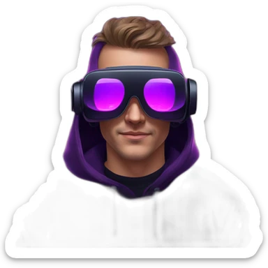 Russian man in the black hoody with violet OMG VR logo on it wearing vr headset oculus quest 2. Cyberpunk style. Violet neon. sticker