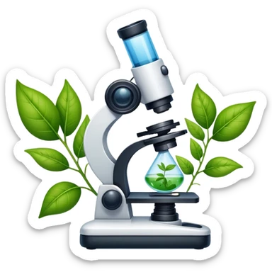 An icon featuring a microscope, a DNA strand, and plant leaves, symbolizing biology. The design includes cells, a test tube with a plant sample, representing life sciences, ecosystems, and the study of organisms. Transparent background highlights the exploration of living systems. sticker