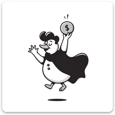 A cool duck in a mysterious black cloak flipping a silver coin sticker