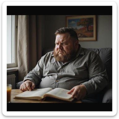 obese man trying to concentrate on a book but appears distracted and confused, home environment, hyperrealistic 4K details, realistic atmosphere, signs of cognitive difficulty sticker
