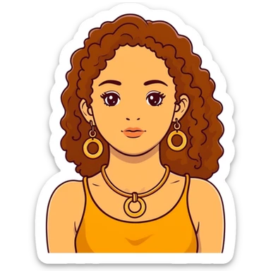 Attractive Greek woman with freckles, long curly amber-brown hair, gold hoop earrings and small necklace sticker