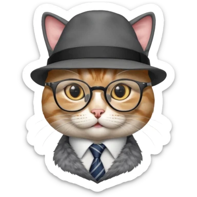 half body cat with ties and opticals and  hat sticker