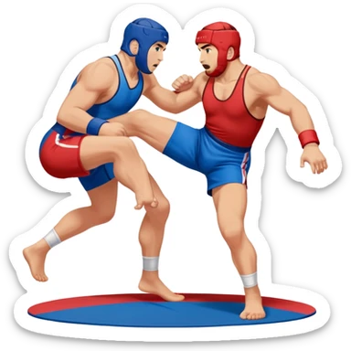 Two sambo fighters in blue and red gis with shorts, executing grappling and throwing techniques. The athletes are engaged in a dynamic hold or throw, showcasing the strength and skill of the sport. The background features a wrestling mat. Transparent background  sticker