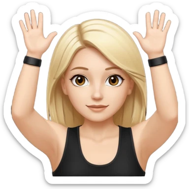 I want a white female dj animated gif emoji with long straight centre parting blonde hair, brown eye brows and putting hands up in the air. Wearing a black tight top with no sleeve sticker