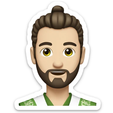 white man with short beard and a "top knot" samurai style dark brown hair. green eyes. slightly smiling. sticker