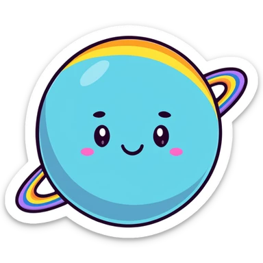 round planet with rainbow stripes in all colors and a cute happy face sticker