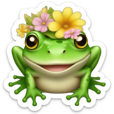 A frog with a wreath of flowers on his head sticker