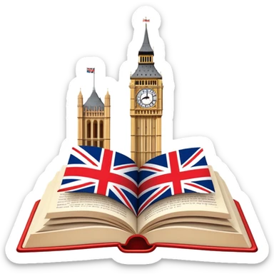 An icon featuring the Big Ben clock tower and the flag of the United Kingdom, symbolizing the English language. The design includes an open book with English words and phrases, representing language learning and cultural exploration. Transparent background  sticker