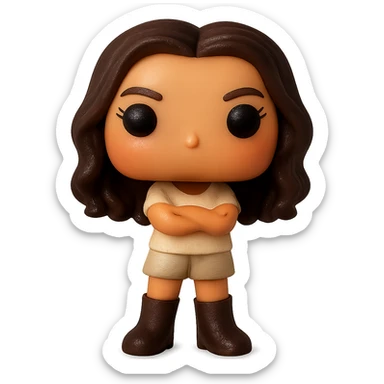 Enhance the quality of the image with smooth golden peach skin and a healthy glow, dark hair with subtle auburn highlights, even darker leather boots, textured clothing (cream top, greige bottom), arms crossed, rosy cheekbones, very subtle freckles, no neck visible, eyebrows with a mischievous and playful expression, no mouth, transparent background. Maintain the original style and details from the reference image. sticker