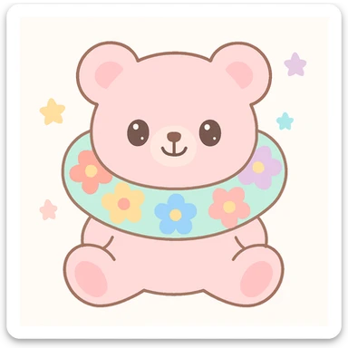 pink teddy bear, floral neck pillow with bright flowers, playful and cozy, plain background sticker