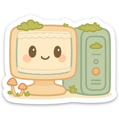 Remove any words or text from the image. Maintain the cottagecore style featuring a quaint computer tower and monitor surrounded by moss, tiny mushrooms, delicate lace, and soft earthy tones. The background should be transparent. sticker