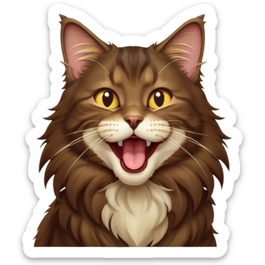 Cinematic Cute Dark Brown Maine Coon Cat Portrait Emoji, Head tilted playfully and yawning, sleek deep brown and gold tones with subtle hints of black, Simplified yet adorable features, highly detailed, glowing with a warm, friendly glow, high shine, curious and affectionate, stylized with a touch of whimsy, bright and alert, soft glowing outline, capturing the essence of a mischievous yet loving kitten, so endearing it feels like it could leap out of the screen and stretch with its fluffy tail swishing! sticker