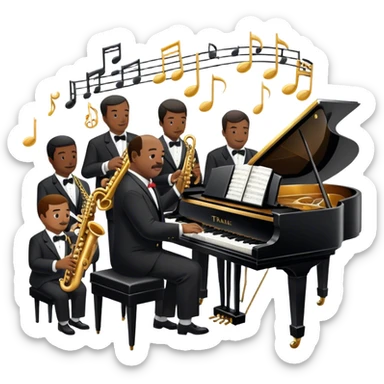 Icon for Jazz Music: Count Basie Orchestra, with Count Basie at the piano surrounded by jazz musicians playing instruments like saxophones, trumpets, and drums. Floating musical notes should capture the energetic and smooth vibe of big band jazz. Transparent background. sticker