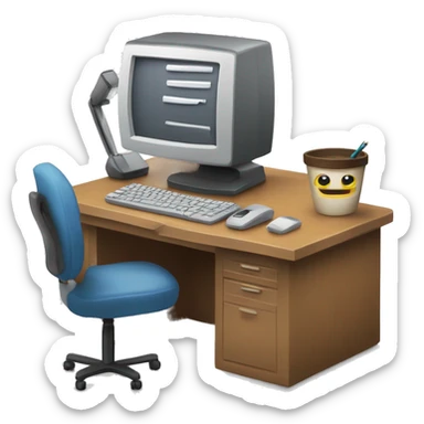 computadora en escriorio con un cuaderno y lapicera sticker