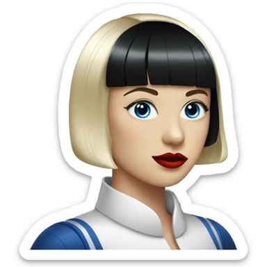 And adult white woman with blue eyes, a black bowl cut haircut, and red lips sticker