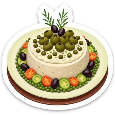 Salată de boeuf: a Romanian festive salad made with finely chopped boiled vegetables, pickles, peas, and beef or chicken, all mixed with mayonnaise and decorated with olives and pickles. sticker