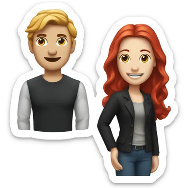a gay man with short dark black hair and a white woman with long red hair sticker