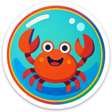 cheerful cartoon crab inside a shiny bubble, vibrant colors, whimsical style sticker