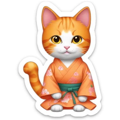Beautiful orange cat wearing kimono holding peach sticker
