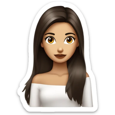Chica morena de piel con pelo castaño oscuro listo y largo. Cara delgada, ojos rasgados y marrones oscuros y labios carnosos. Maquillada. Delgada . Top blanco.  sticker