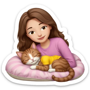 girl with wavy long brown hair, brown eyes, light to medium complexion, long lashes, light pink lipstick, smiling, wearing light pink shirt, sleeping on a cozy pillow, cuddling a brown tabby cat  sticker