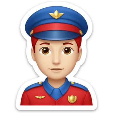 Vendeur comptoir habiller en rouge portant une casquette bleueu sticker