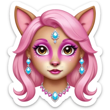glamorous dog portrait, head and shoulders only, exaggerated pink makeup, bright eyeshadow, long eyelashes, shiny blush cheeks, sparkling face gems, glitter accents, elegant earrings, fantasy beauty style, cute 3D cartoon, mobile game icon style, clean background, no text, no watermark
 sticker