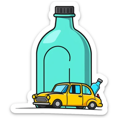 car with a driver sipping from a bottle, wobbly motion lines sticker