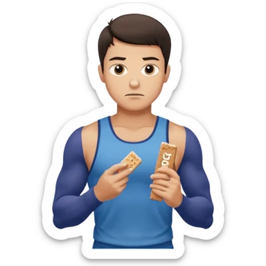 A male athlete holding a protein bar and frowning sticker
