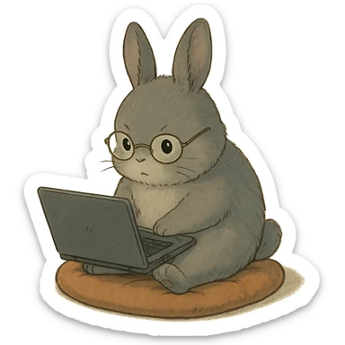 full-body round-faced gray bunny wearing glasses, sitting on a small cushion, working on a laptop with focused eyes, soft studio Ghibli vibe sticker