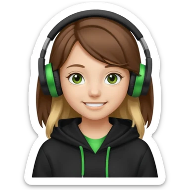 a girl with brown hair blonde ends green and wearing black headphones baggy hoddie she is happy  sticker