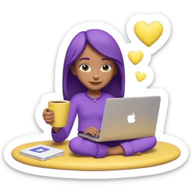 3D clay character relaxed with laptop and coffee, floating icons (envelope, heart, dollar), purple (#8B5CF6) outfit, bright yellow (#FBBF24) icons, white laptop, Pixar style, transparent background sticker
