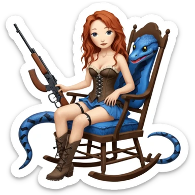 realistic cinematic Tori Amos sits on a rocking chair in a torn corset, holding an antique rifle and her bare feet are muddy. A blue snake is wrapped around the chair. sticker