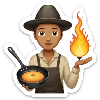 skillet with cornbread and hand on fire sticker