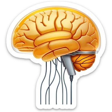 An amber translucent capsule floating in front of an ethereal brain. Thin electric filaments connect from the capsule to the brain synapses like bridges of light. sticker