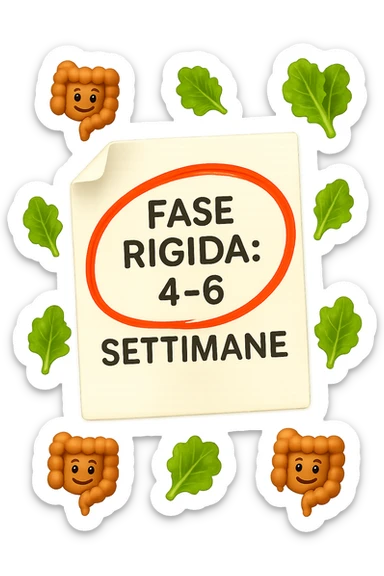 EMOJI STILE IPHONE DI UN foglio di carta fluttua in aria con la scritta "FASE RIGIDA: 4-6 SETTIMANE" CERCHIATA A PENNA IN ROSSO, ATTORNO AL FOGLIO FLUTTUANO PICCOLI TRATTI DI COLON UMANO IN STILE EMOJI E FOGLIE DI INSALATA, REALISTICA 4K sticker