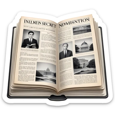 Icon for Non-Fiction & Narrative Reading: an open book with black-and-white photos on the pages, surrounded by a pile of newspaper clippings, and an open folder with top-secret documents. The icon should reflect the blend of real stories and facts in non-fiction literature. Transparent background. sticker